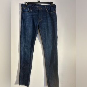 EMPORIO ARMANI DARK WASH SLIM LEGS BLACK PATCH ON BACK POCKET MENS SIZE W34/L34